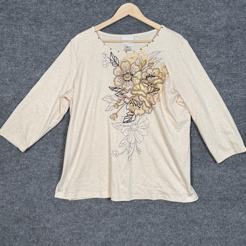 Alfred Dunner Size Large‎ Top Blouse Cream Cotton Blend Embroidered Beaded Boho